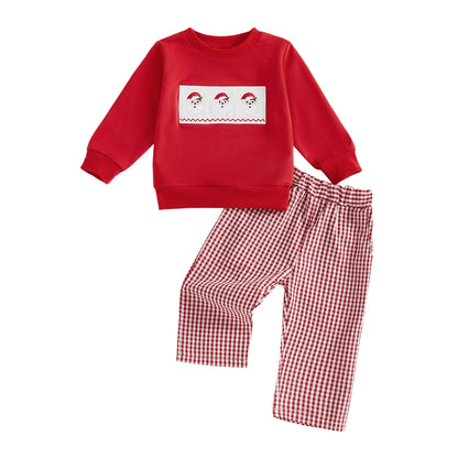 Infant Boys Winter Holiday Outfit Set with Santa Claus Embroidered Sweater and Plaid Pants - Festive Christmas Clothing for