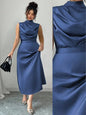 Plus Size Elegant Solid Navy Blue Stand Collar Midi Dress with Draped Neckline
