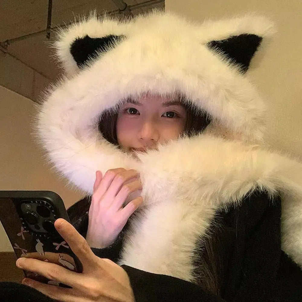 Cute Fox Ear Fluffy Hat Scarf Warm Thick Plush Hooded Scarf For Women Windproof Protection Ear Hat