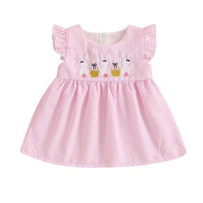 Toddler Baby Girl Summer Dress Ruffle Sleeveless Round Neck Bunny Embroidery Loose Vacation Dress