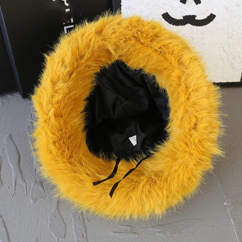 Fluffy Faux Fur Bucket Hats Women Fuzzy Wide Brim Thick Plush Winter Hat Lady Long Pile Fur Panama Furry
