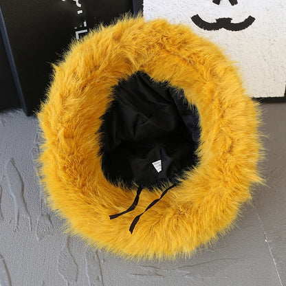 Fluffy Faux Fur Bucket Hats Women Fuzzy Wide Brim Thick Plush Winter Hat Lady Long Pile Fur Panama Furry