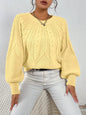 Cable Knit Lantern Sleeve Sweater for Women, Cozy Pullover with V-Neck Design