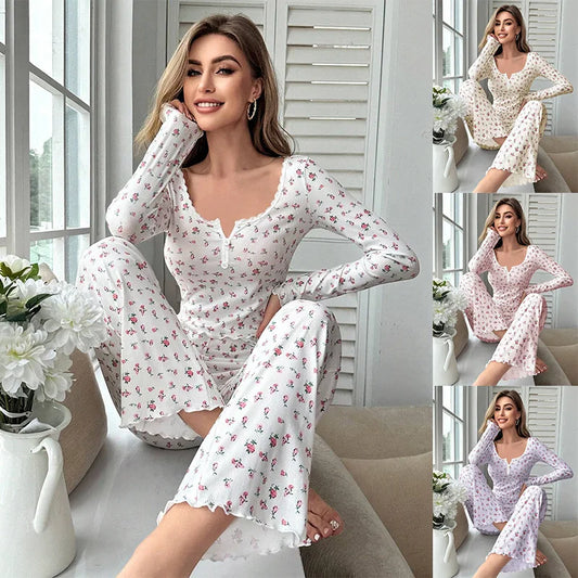 Sleepwear Women Floral Print Lettuce Trim Top with Long Pant Lovely Loungewear Full Sleeve Nightwear