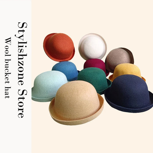 Wool felt hat, bowler hat Japanese style British retro hat, unisex versatile curled brim bucket hat trendy small round hat 버킷