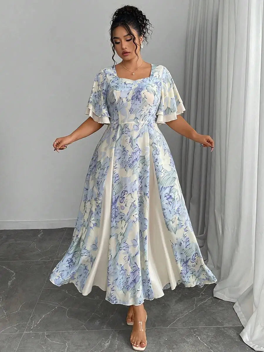 Plus Size Floral Print Square Neck Flutter Sleeve A-Line Midi Dress