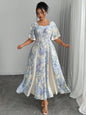 Plus Size Floral Print Square Neck Flutter Sleeve A-Line Midi Dress