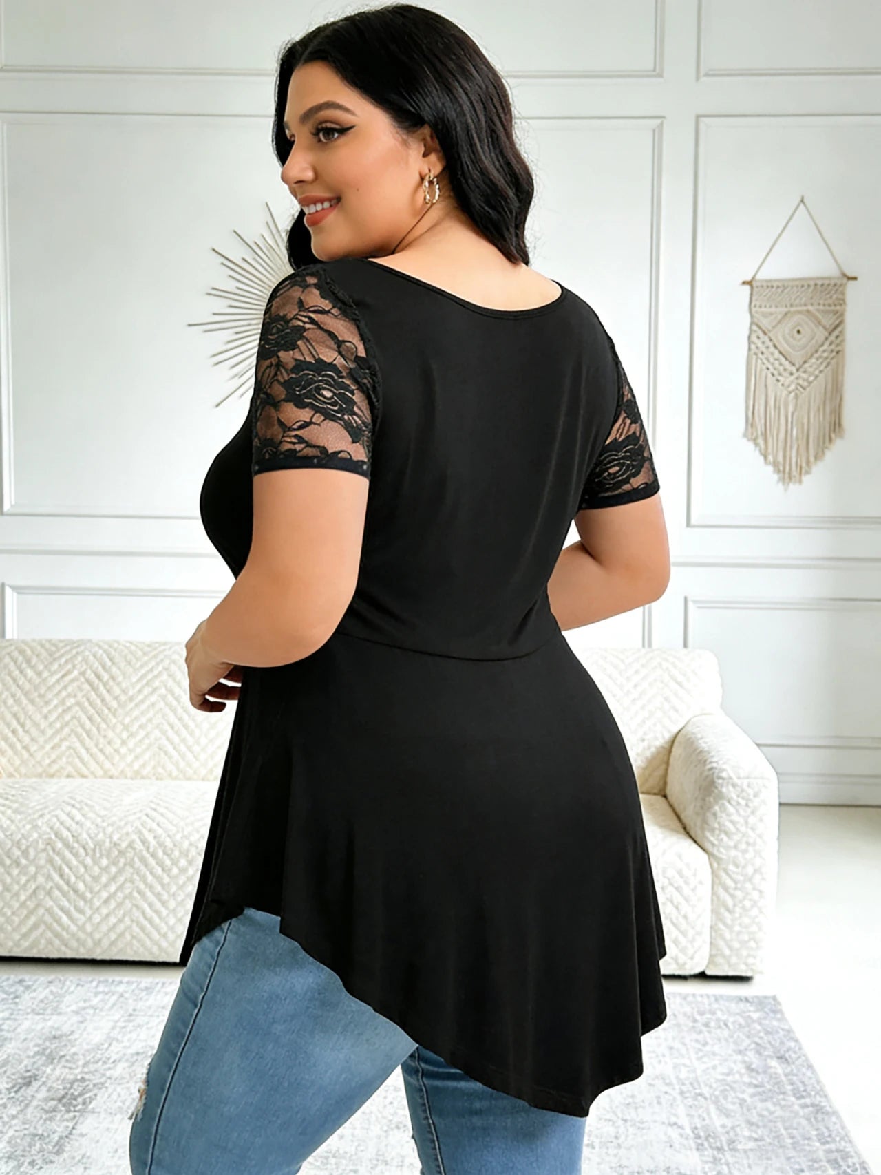 Women’s Plus Size Lace Panel Short Sleeve Asymmetric Hem Flowy Blouse for Casual, Work, or Date Night Outfits