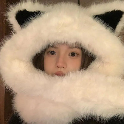 Cute Fox Ear Fluffy Hat Scarf Warm Thick Plush Hooded Scarf For Women Windproof Protection Ear Hat