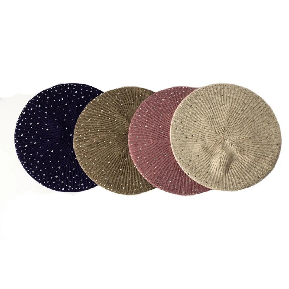 Handmade Women Rhinestone Beret Knitted Stripe Solid Hat Female Ladies Warm Flexible Berets Girls Lady Casual Bonnet