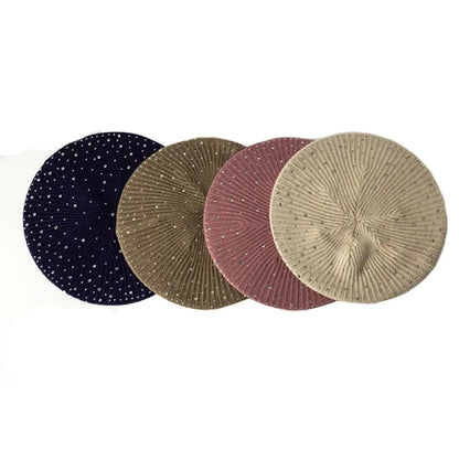 Handmade Women Rhinestone Beret Knitted Stripe Solid Hat Female Ladies Warm Flexible Berets Girls Lady Casual Bonnet