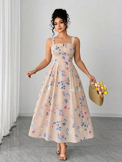 Plus Size Women's Floral Print Spaghetti Strap A-Line Midi Dress