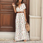 Women Slim Floral Print Long Dresses With Belt  2pcs A Line Maxi Dress Female Short Sleeve Streetwear Dresses