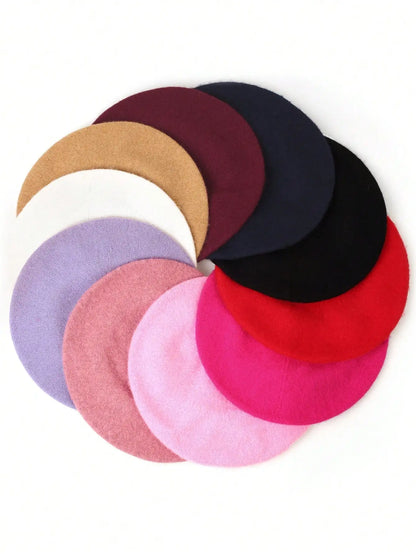1pc Women Solid Color Wool Casual Beret Hat, Elegant Luxury Style