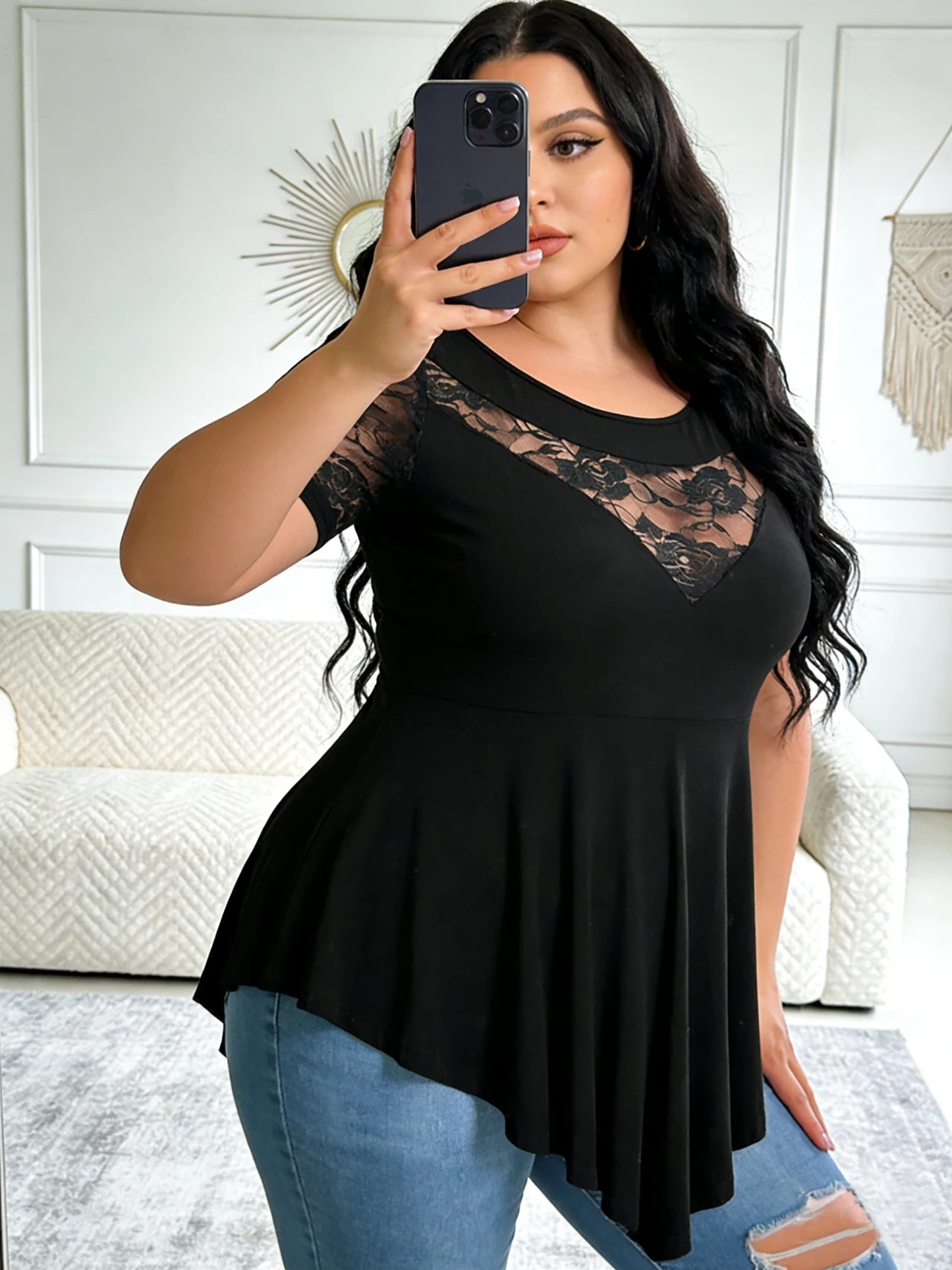 Women’s Plus Size Lace Panel Short Sleeve Asymmetric Hem Flowy Blouse for Casual, Work, or Date Night Outfits