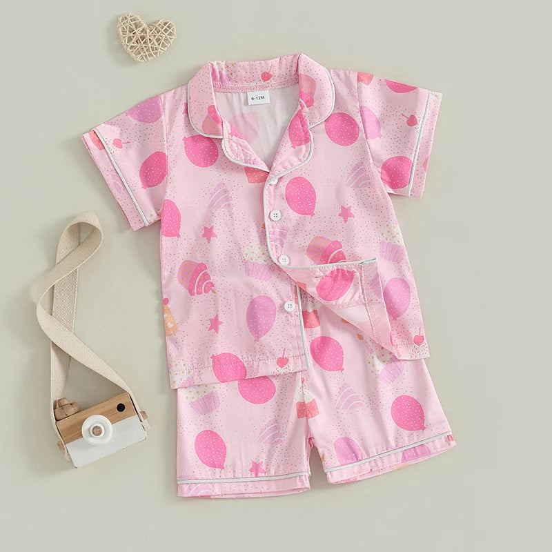 Children s Girls Pajama Set with Fun Cake and Balloon Print Short Sleeve Shirt Top and Shorts 2-Piece Lounge Suit for
