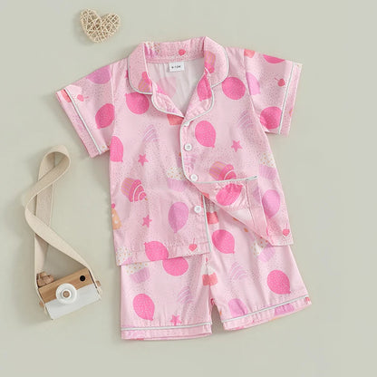 Children s Girls Pajama Set with Fun Cake and Balloon Print Short Sleeve Shirt Top and Shorts 2-Piece Lounge Suit for