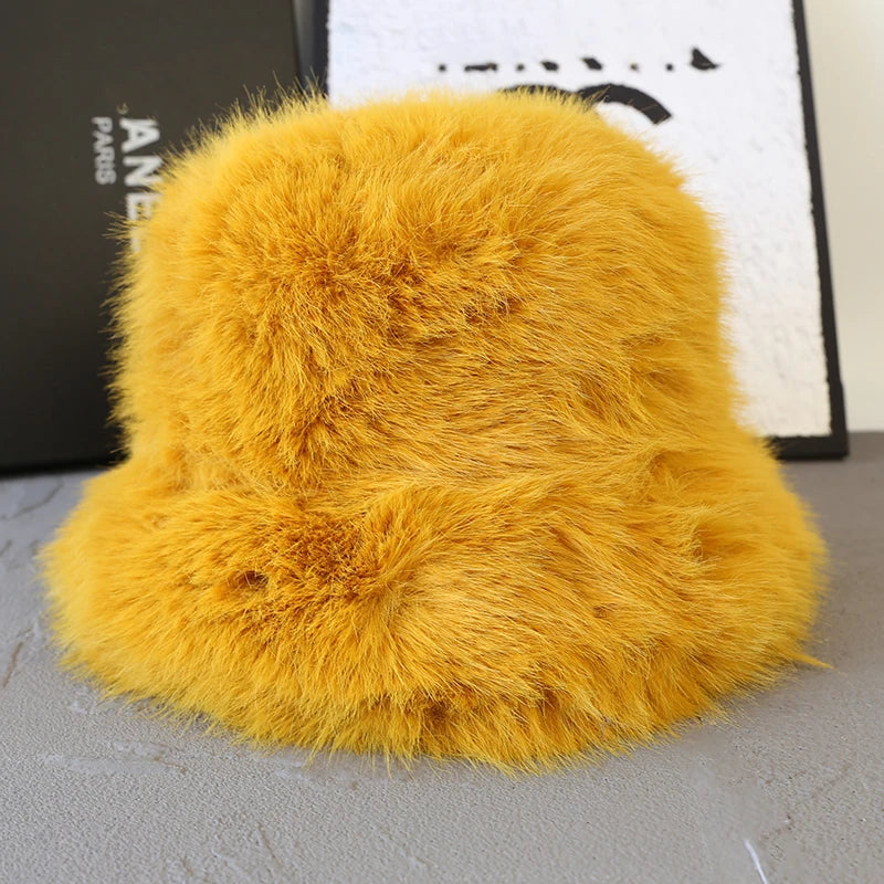 Fluffy Faux Fur Bucket Hats Women Fuzzy Wide Brim Thick Plush Winter Hat Lady Long Pile Fur Panama Furry