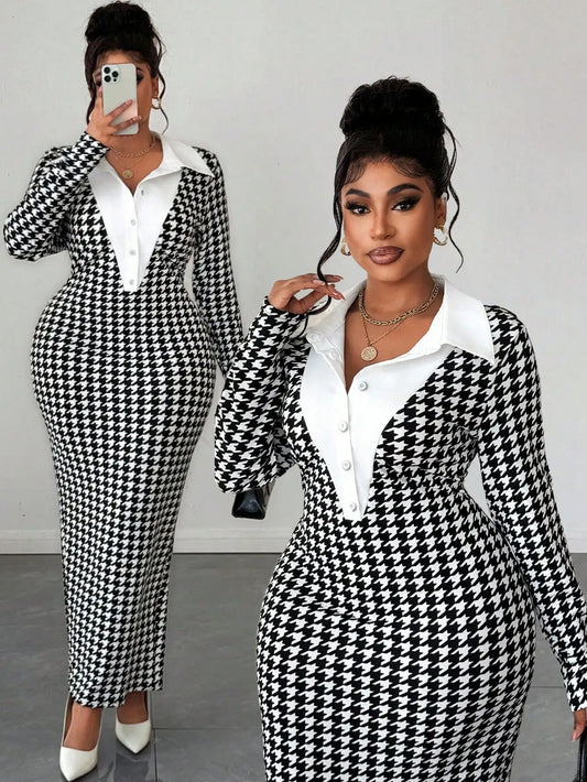 Various Colors & Houndstooth Collared Bodycon Long Sleeve Dress with Button Front