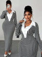 Various Colors & Houndstooth Collared Bodycon Long Sleeve Dress with Button Front