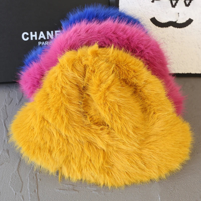 Fluffy Faux Fur Bucket Hats Women Fuzzy Wide Brim Thick Plush Winter Hat Lady Long Pile Fur Panama Furry