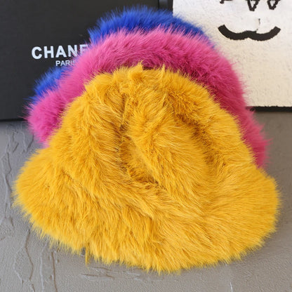 Fluffy Faux Fur Bucket Hats Women Fuzzy Wide Brim Thick Plush Winter Hat Lady Long Pile Fur Panama Furry