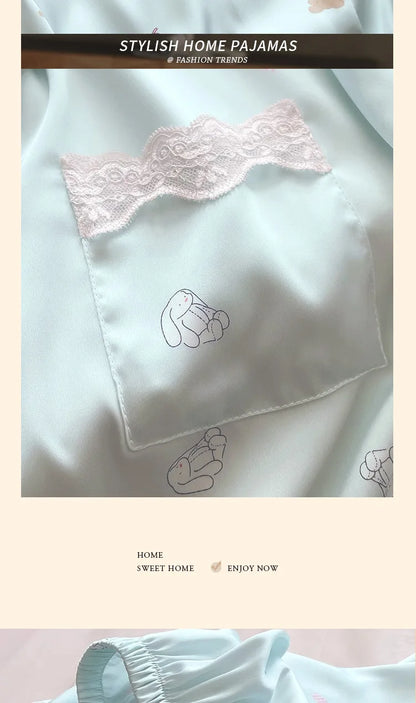Bear Print Pajamas Women Cool Ice Silk Short Sleeve Pants Loungewear Cardigan Lace Fall and Winter Two-Piece Set Plus Size