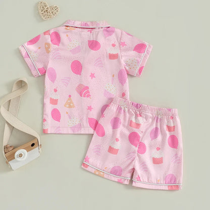 Children s Girls Pajama Set with Fun Cake and Balloon Print Short Sleeve Shirt Top and Shorts 2-Piece Lounge Suit for