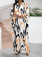 Plus Size Maxi Dress  Abstract Black & Cream Print, Loose Fit, V-Neck,  Casual Wear