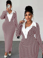 Various Colors & Houndstooth Collared Bodycon Long Sleeve Dress with Button Front