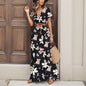 Women Slim Floral Print Long Dresses With Belt  2pcs A Line Maxi Dress Female Short Sleeve Streetwear Dresses