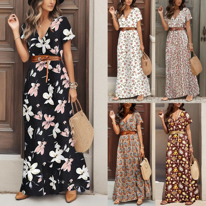 Women Slim Floral Print Long Dresses With Belt  2pcs A Line Maxi Dress Female Short Sleeve Streetwear Dresses