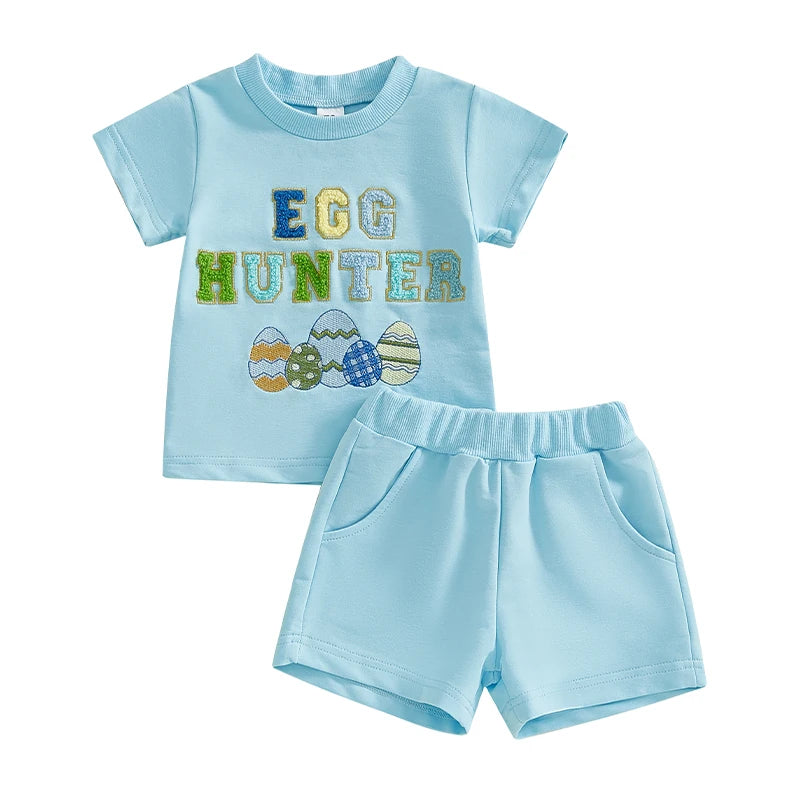 Summer Kids Boys Easter Shorts Set Short Sleeve Embroidery Letters Eggs T-shirt with Shorts Clothes Outfit