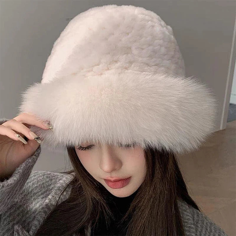 Classical Black White Fluffy Fur Women Bucket Hat  Mongolian Cap  Cold-proof Furry Basin Caps