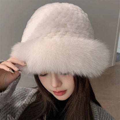 Classical Black White Fluffy Fur Women Bucket Hat  Mongolian Cap  Cold-proof Furry Basin Caps