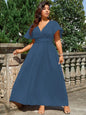 Plus Size Solid Color Wrap V-Neck Maxi Dress For Wedding Formal Occasion