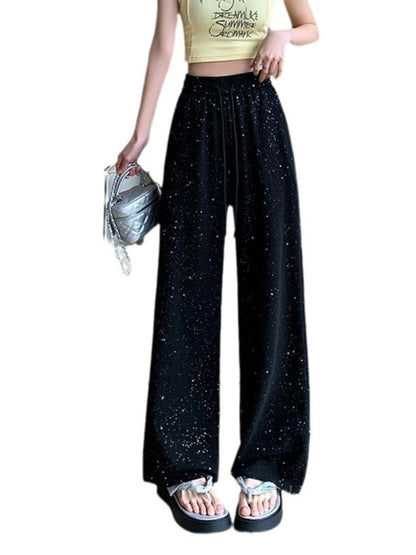 Starry Sky Ice Silk Wide Leg Pants  High Waist Straight Leg Sporty  Sparkling Pants
