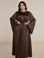Plus Size Brown Satin Dress with Flared Sleeves and Pearl Trim