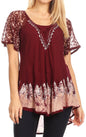 Sakkas Cora Relaxed Fit Batik Design Embroidery Cap Sleeves Blouse / Top