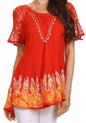 Sakkas Cora Relaxed Fit Batik Design Embroidery Cap Sleeves Blouse / Top