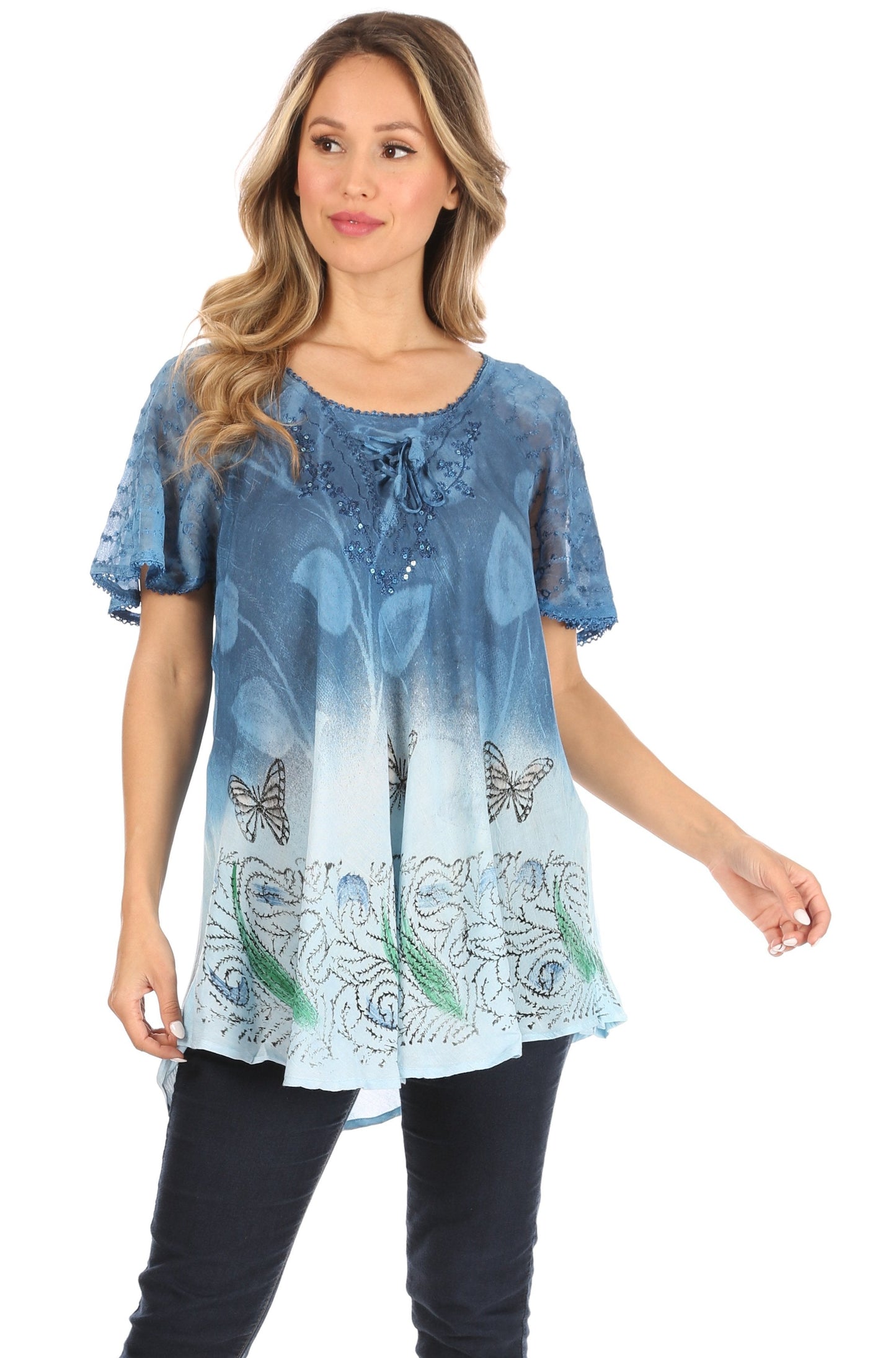 Sakkas Petra Women's Casual Loose Flared Corset Short Sleeve Lace Blouse Top Tunic - Buy One Get One Free