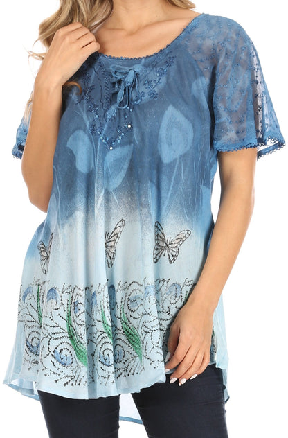 Sakkas Petra Women's Casual Loose Flared Corset Short Sleeve Lace Blouse Top Tunic - Buy One Get One Free