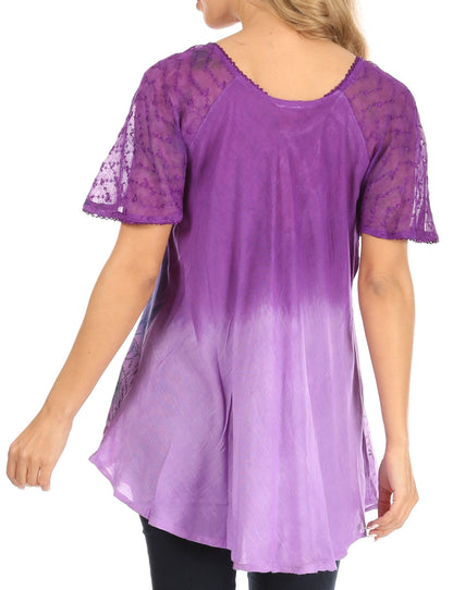 Sakkas Petra Women's Casual Loose Flared Corset Short Sleeve Lace Blouse Top Tunic - Buy One Get One Free
