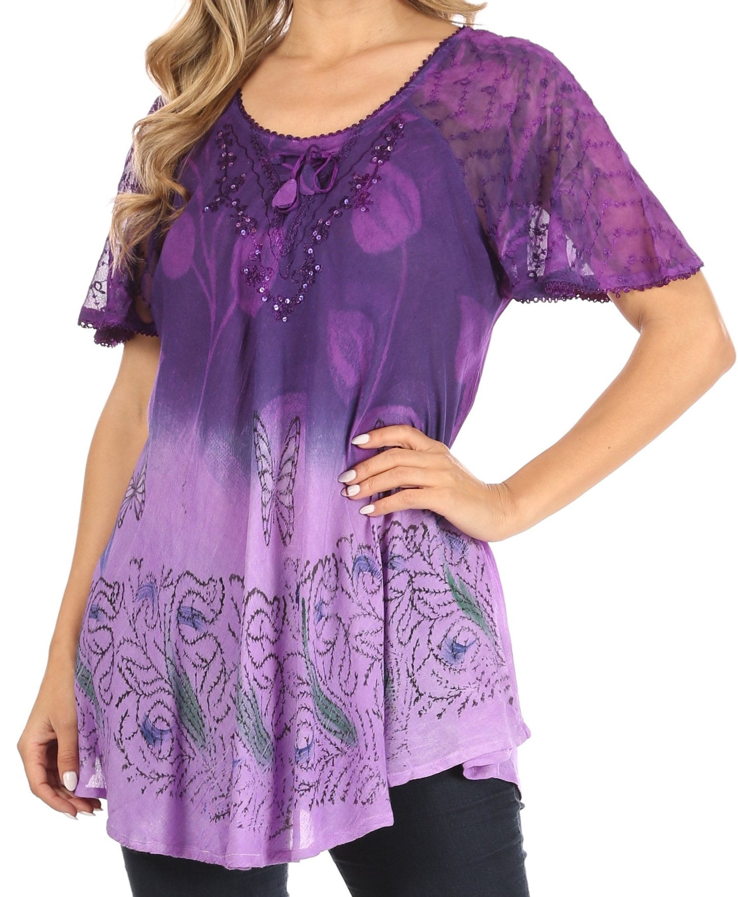 Sakkas Petra Women's Casual Loose Flared Corset Short Sleeve Lace Blouse Top Tunic - Buy One Get One Free
