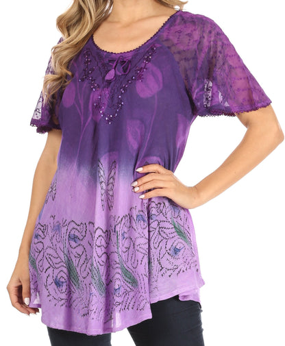 Sakkas Petra Women's Casual Loose Flared Corset Short Sleeve Lace Blouse Top Tunic - Buy One Get One Free