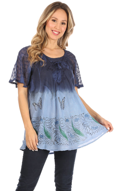 Sakkas Petra Women's Casual Loose Flared Corset Short Sleeve Lace Blouse Top Tunic - Buy One Get One Free
