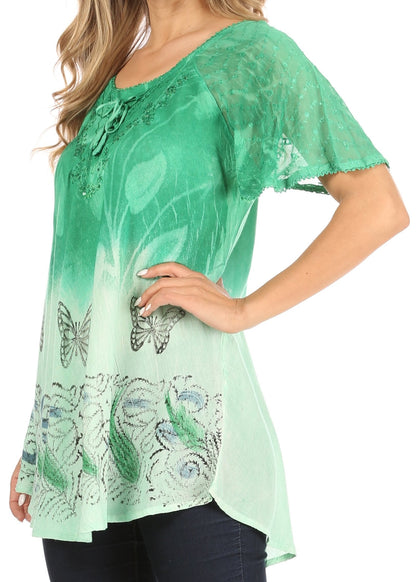 Sakkas Petra Women's Casual Loose Flared Corset Short Sleeve Lace Blouse Top Tunic - Buy One Get One Free
