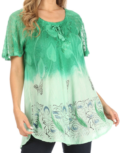 Sakkas Petra Women's Casual Loose Flared Corset Short Sleeve Lace Blouse Top Tunic - Buy One Get One Free