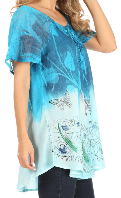 Sakkas Petra Women's Casual Loose Flared Corset Short Sleeve Lace Blouse Top Tunic - Buy One Get One Free