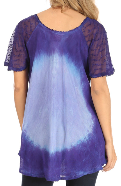 Sakkas Petra Women's Casual Loose Flared Corset Short Sleeve Lace Blouse Top Tunic - Buy One Get One Free